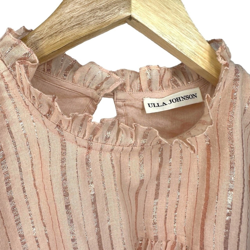 Ulla Johnson Deniz Pink Metallic Stripe Ruffle Sleeve Cotton Blouse Top US 4 / S - Picture 4 of 9